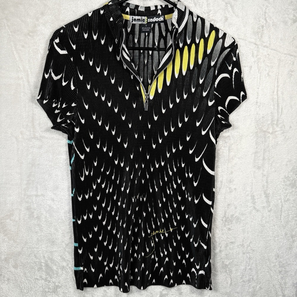 Jamie Sadock Womens Black Yellow Plissé Quarter Zip Short Sleeve Top S 71147